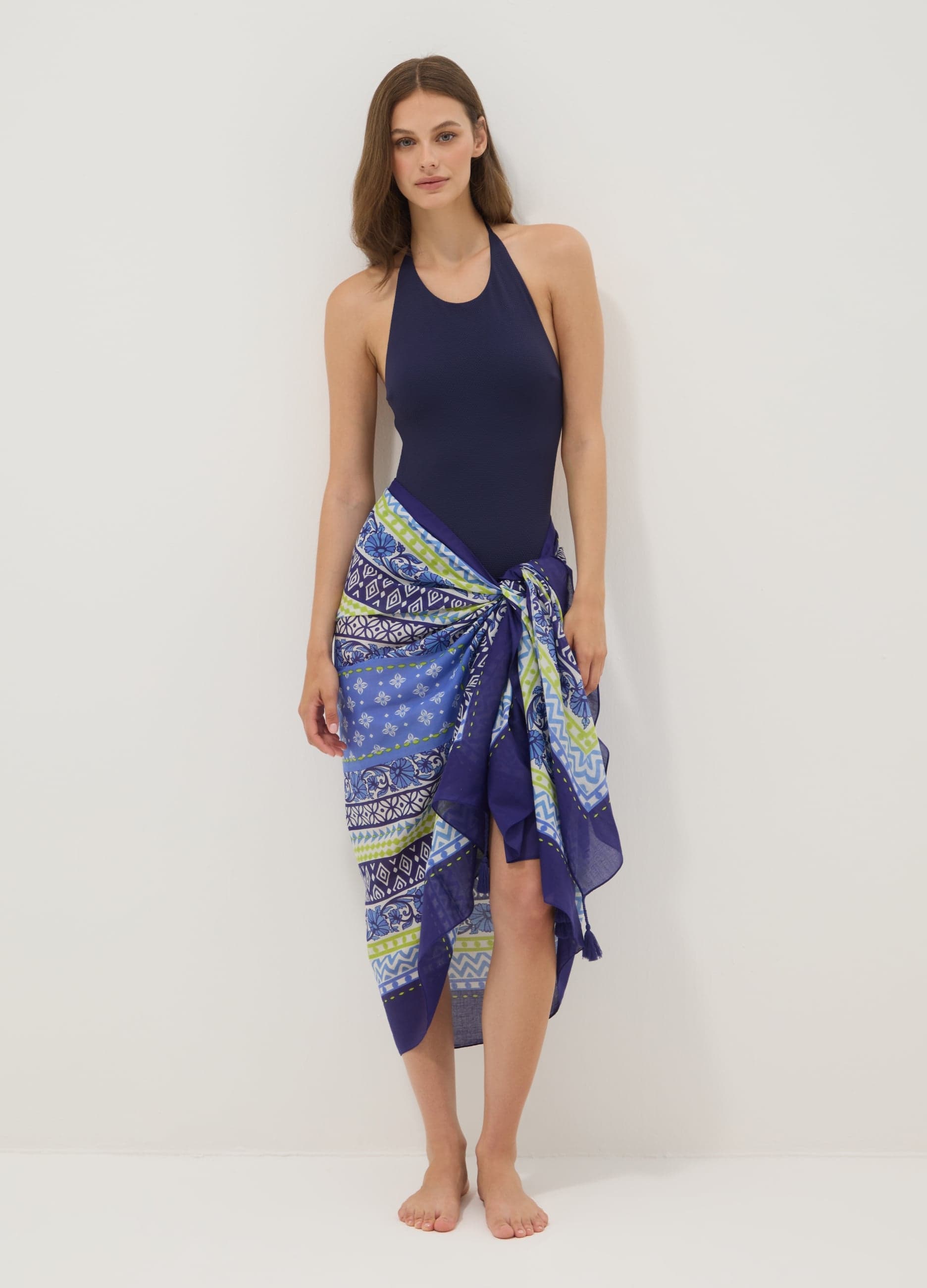 OVS, Sarong Blu In Puro Cotone Con Stampa, Donna, Viola, Taglia: ONE SIZE
