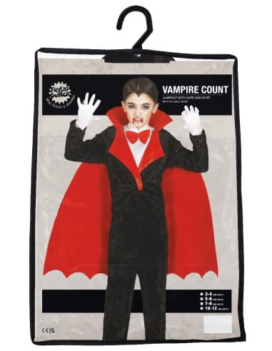 Costume conte vampiro, body, camicia e mantello, taglia 7-9 anni