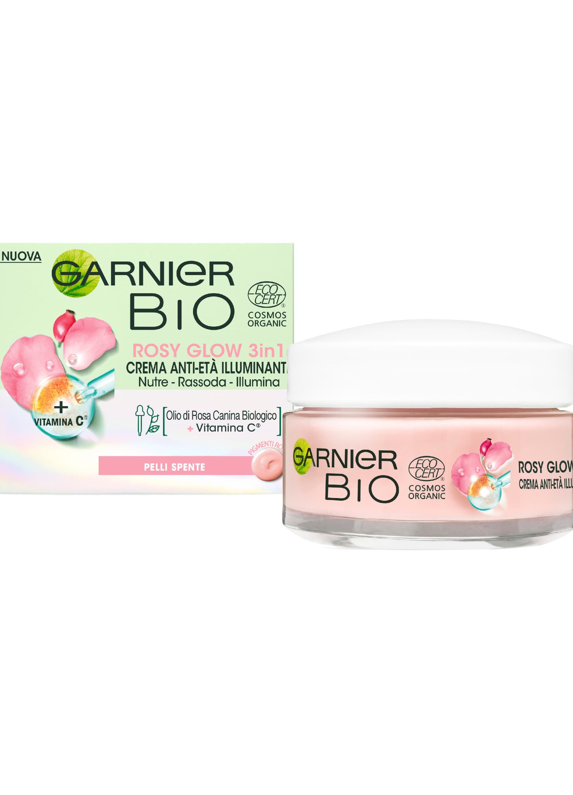 GARNIER, Garnier Bio Rosy Glow, Crema Rosa Idratante 3-in-1, Azione Nutriente, Rassodante E Illuminante, Arricchita Con Olio Di Rosa Canina Bio E