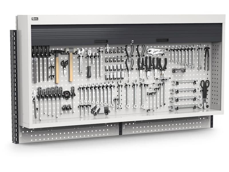 Parete attrezzata Fami Work Look 2000x300x1064mm grigio con armadio a tapparella e 240 ganci